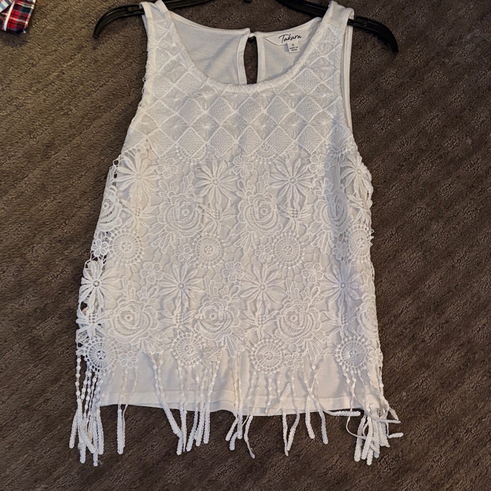 T Tahari Ivory Floral Lace Fringe Blouse